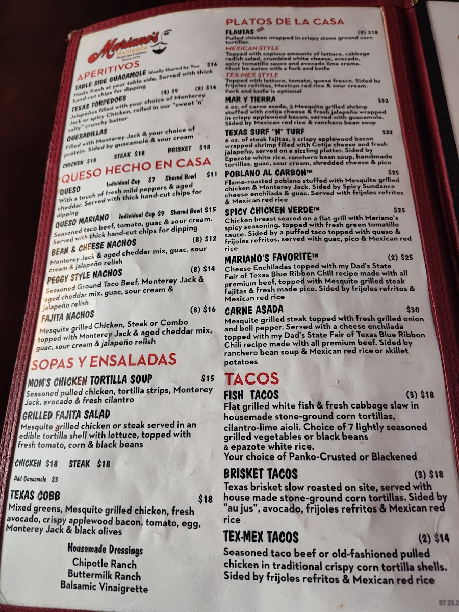 Mariano’s Hacienda Ranch Photo Menu 1
