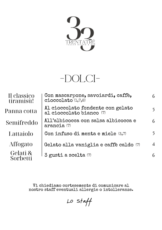 Trentatré Tuscan Bistrò & Bar Photo Menu 1