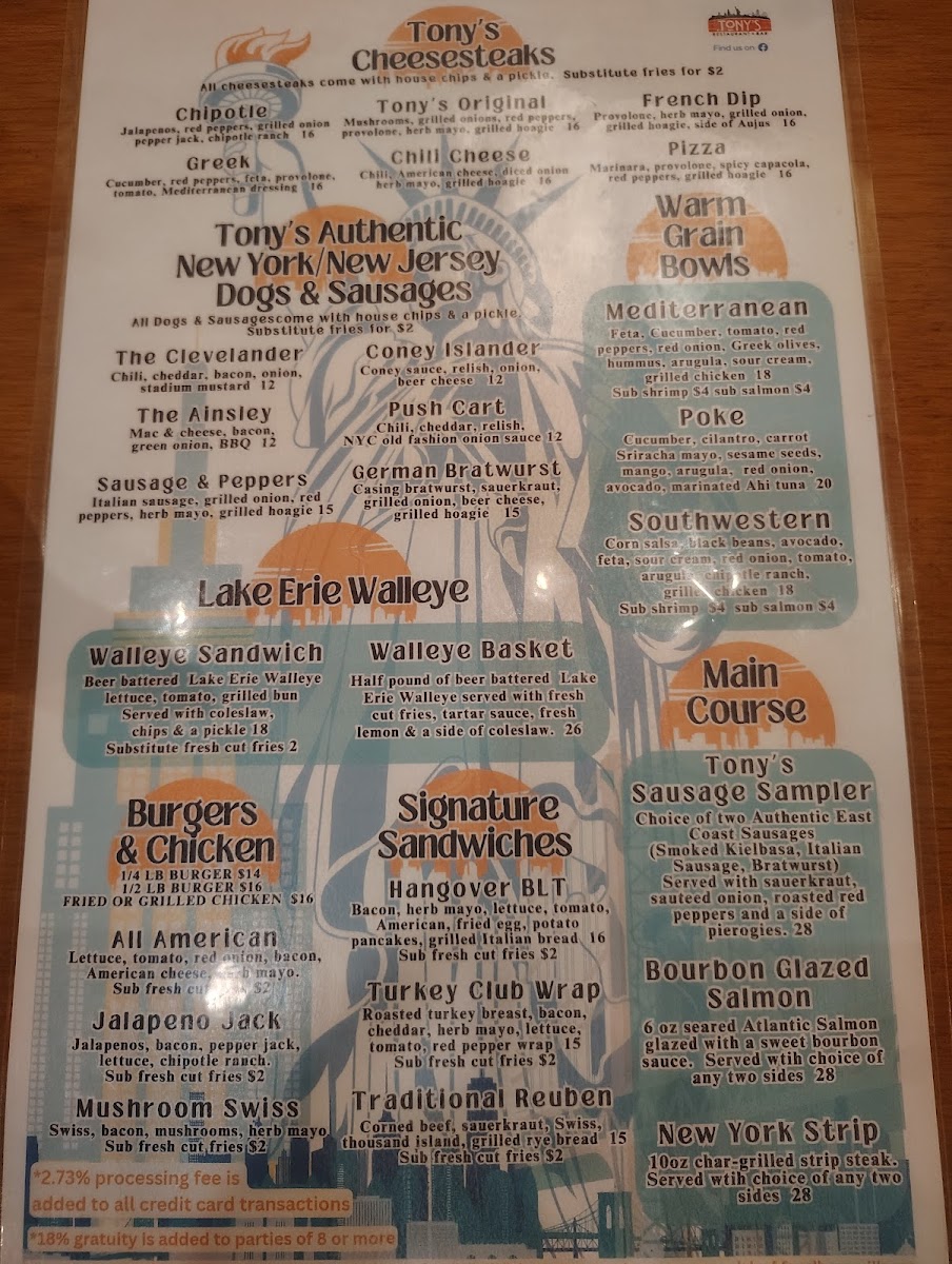 TONY'S - Downtown Sandusky Photo Menu 1