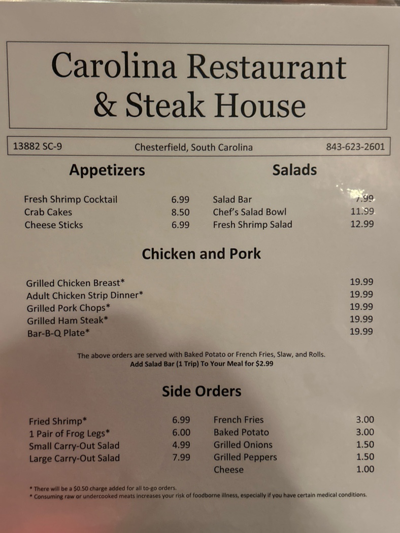 Carolina Restaurant & Steak House Photo Menu 2