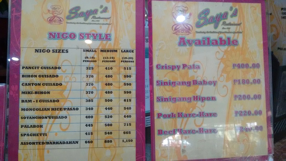 Saya's Restaurant Photo Menu 1