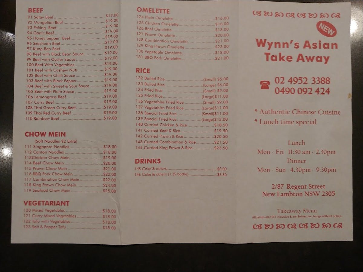 Wynn's Asian Takeaway Photo Menu 1
