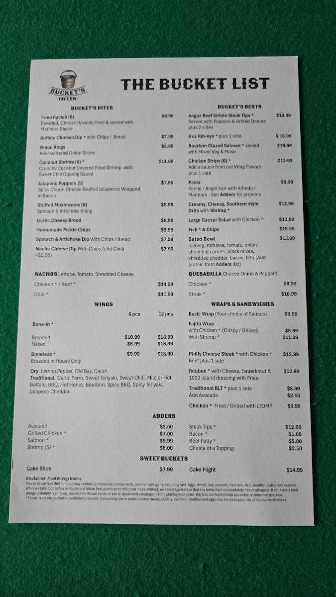 Buckets Tavern Photo Menu 1