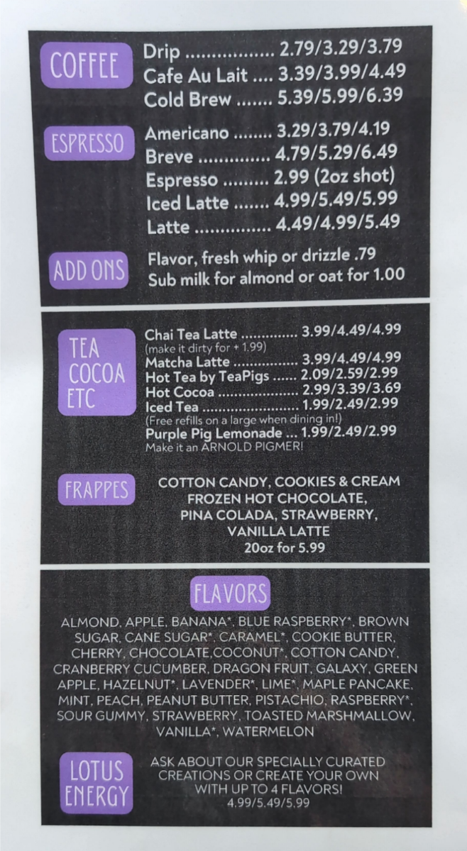 The Purple Pig Cafe Photo Menu 1