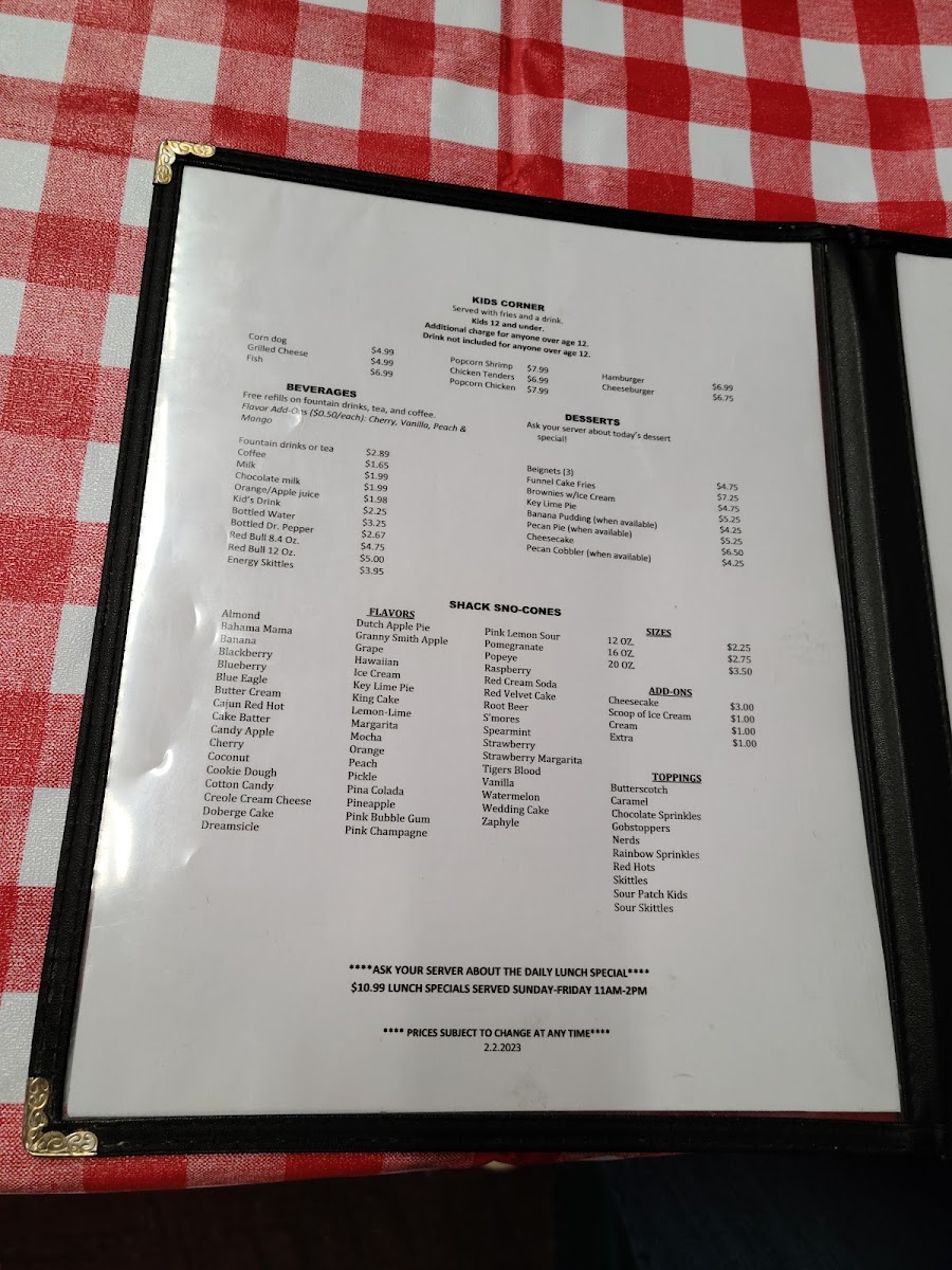 The Crawfish Shack Photo Menu 6