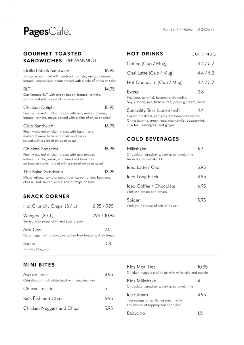 Pages Cafe Springwood Photo Menu 1