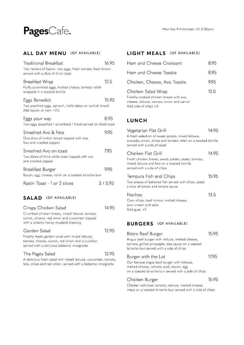Pages Cafe Springwood Photo Menu 2