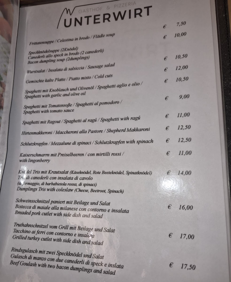 Gasthof Pizzeria Unterwirt Photo Menu 1