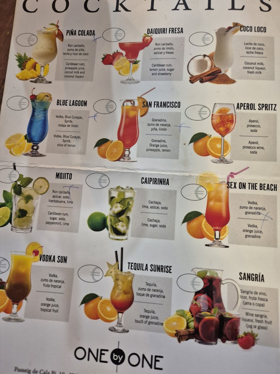 One by One Food y Drinks. Cocktails, Music, 60/70/90/90, Tv Sports Photo Menu 2
