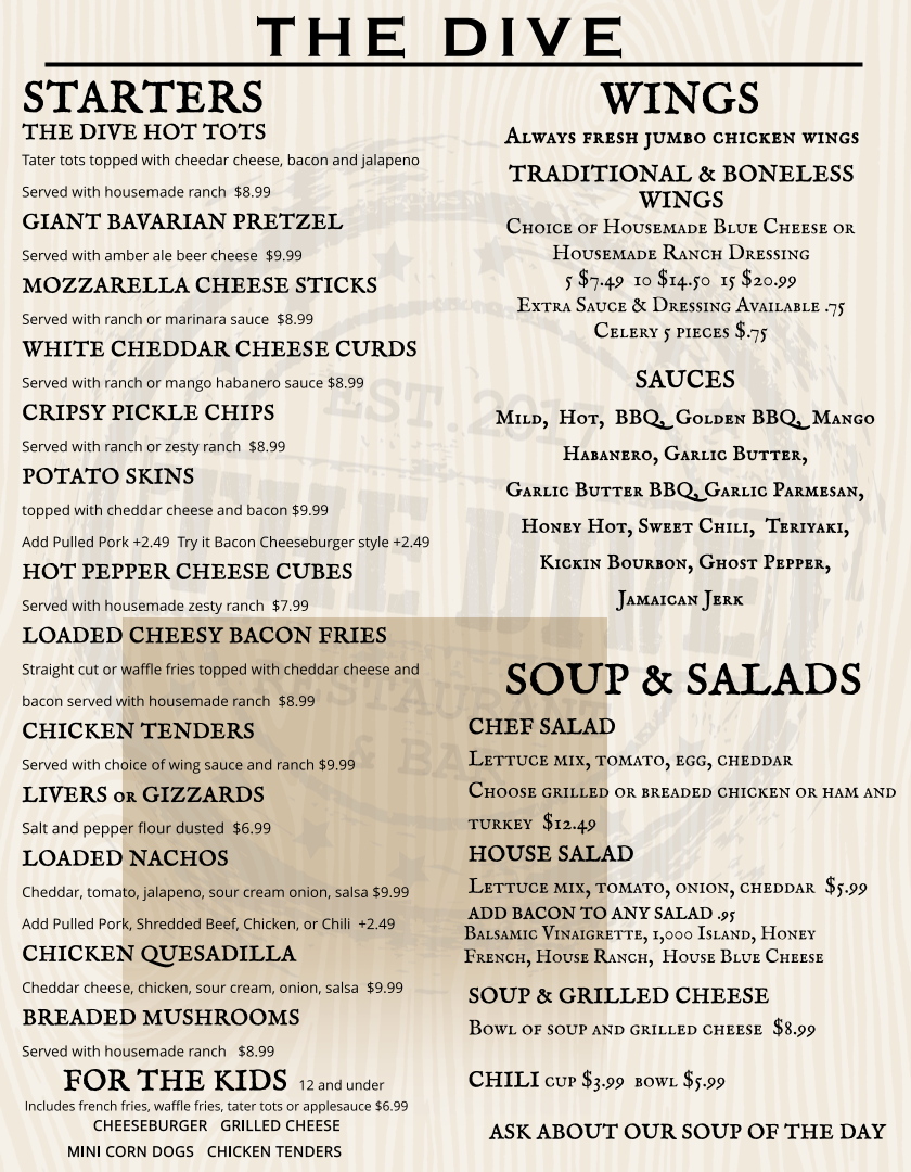 The Dive Bar and Grill Photo Menu 1