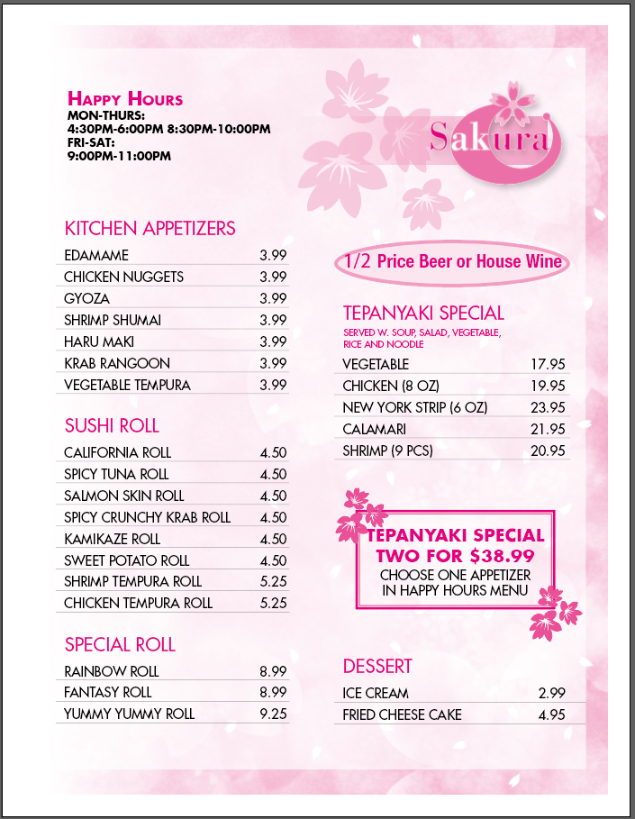Sakura Japanese Steakhouse Photo Menu 3