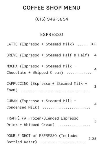 Beck's Farmhouse Coffee Photo Menu 1