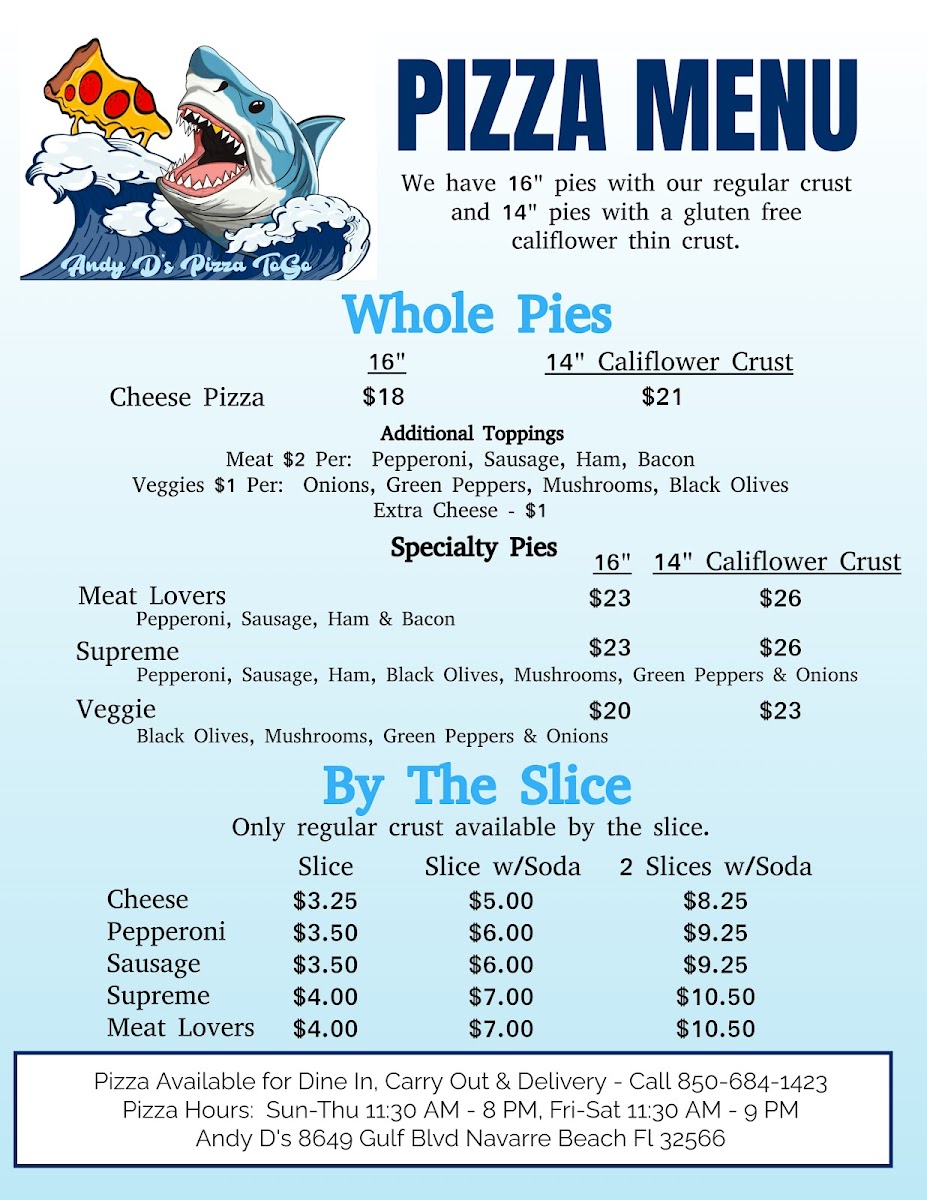 Andy D's Pizza on Navarre Beach Photo Menu 1