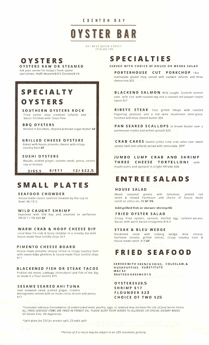 Edenton Bay Oyster Bar Photo Menu 1