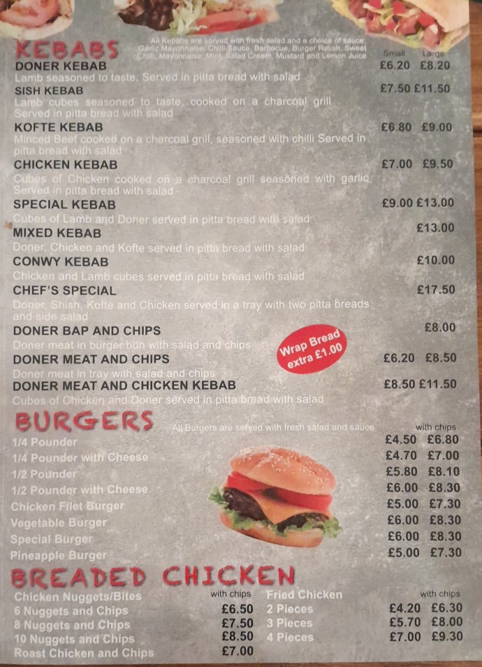 Conwy Kebab, Burger & Pizza House Photo Menu 1