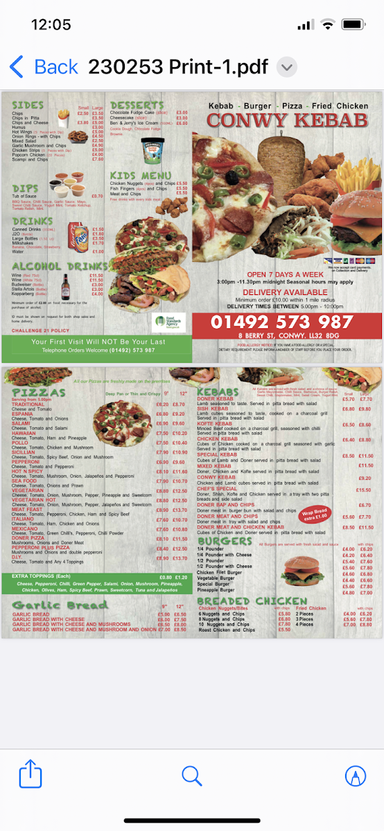 Conwy Kebab, Burger & Pizza House Photo Menu 4