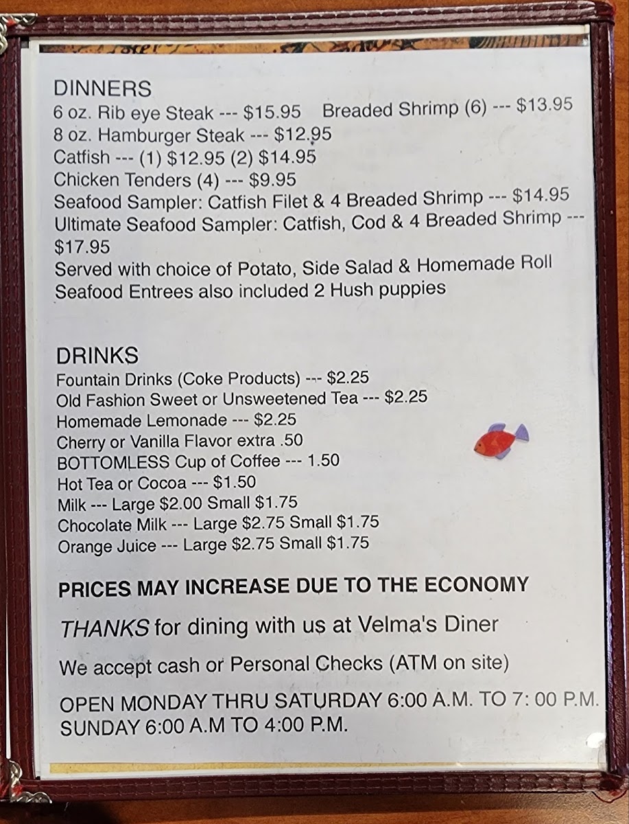 Velma's Diner Photo Menu 1