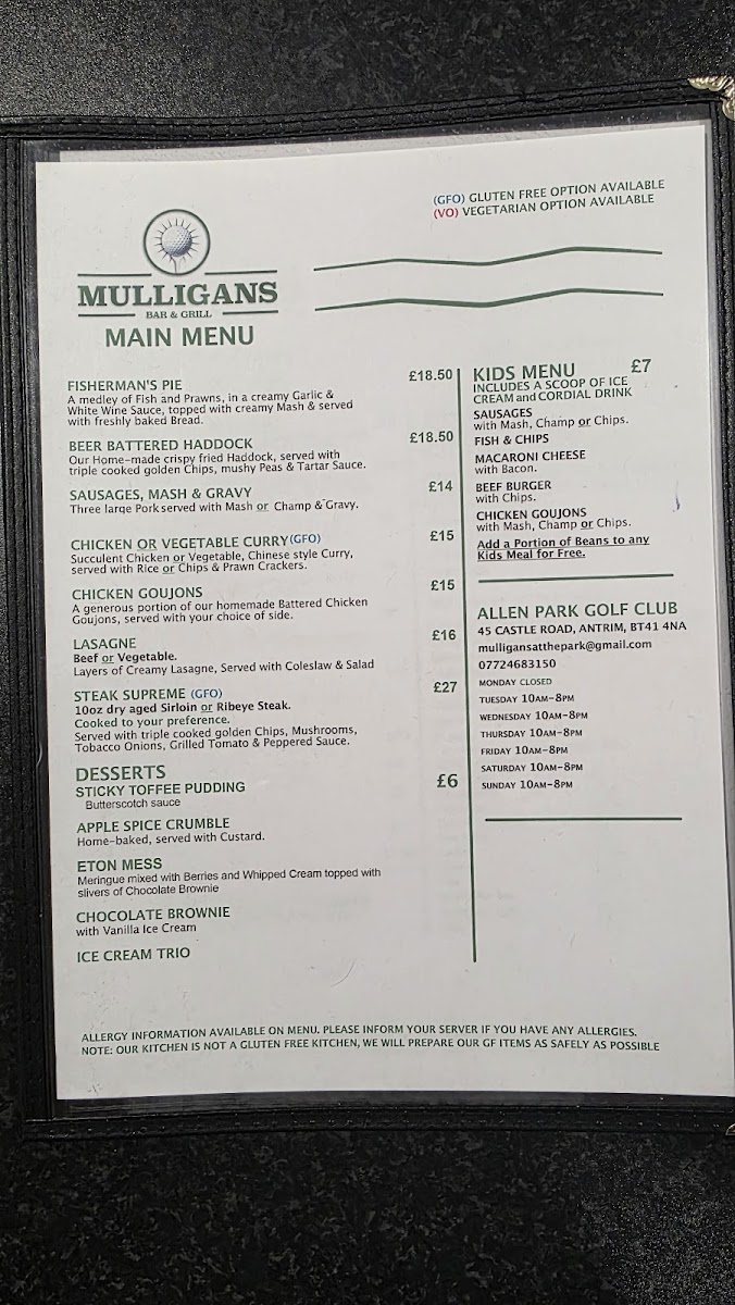 Mulligans Bar and grill Photo Menu 2