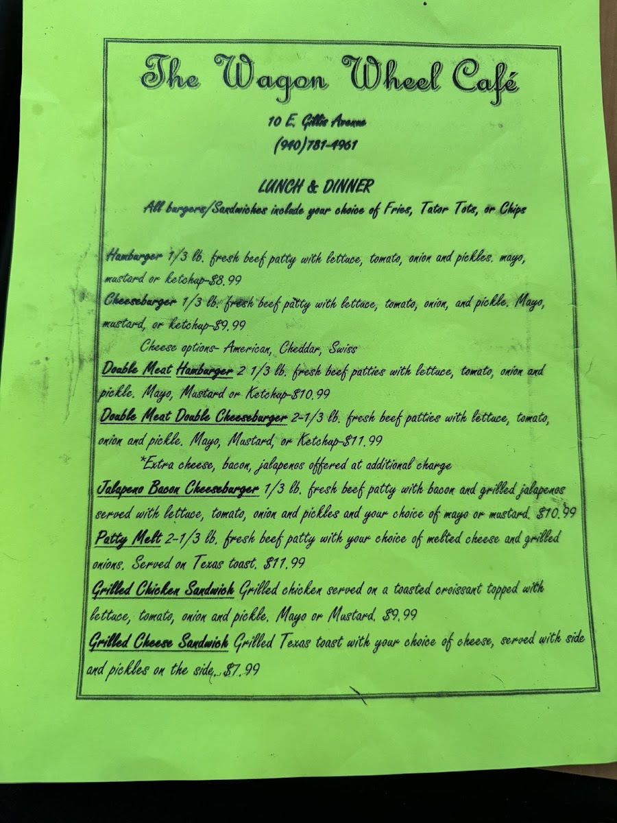 The Wagon Wheel Cafe Photo Menu 1