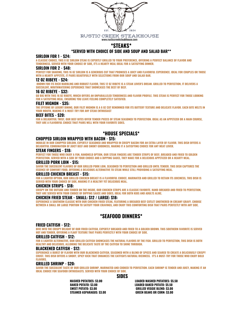Rustic Creek Steakhouse Photo Menu 1