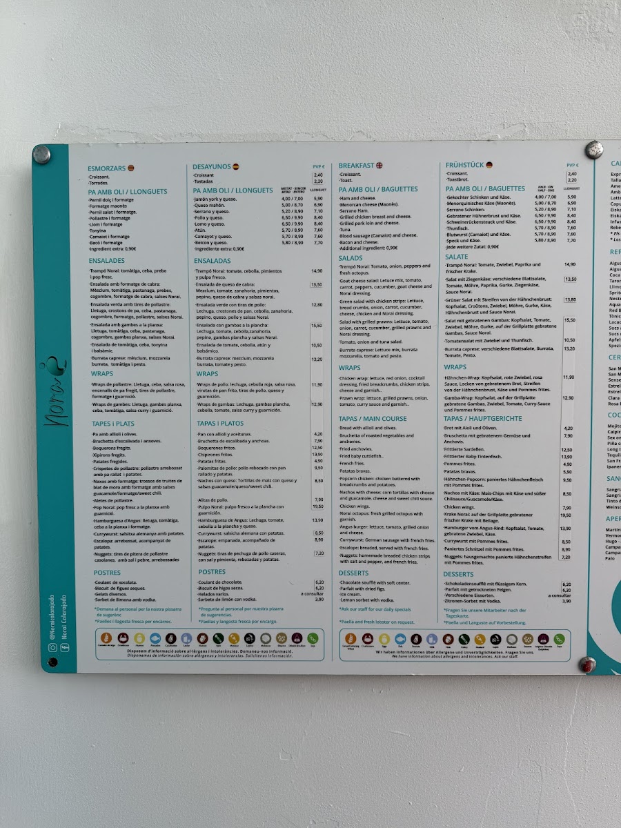 Norai Cala Rajada Restaurant-Cafeteria Photo Menu 1