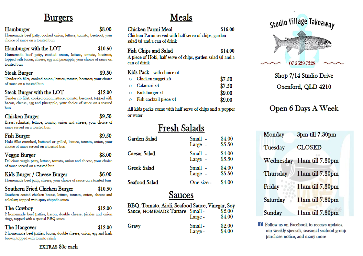 Studio Village Takeaway Photo Menu 1