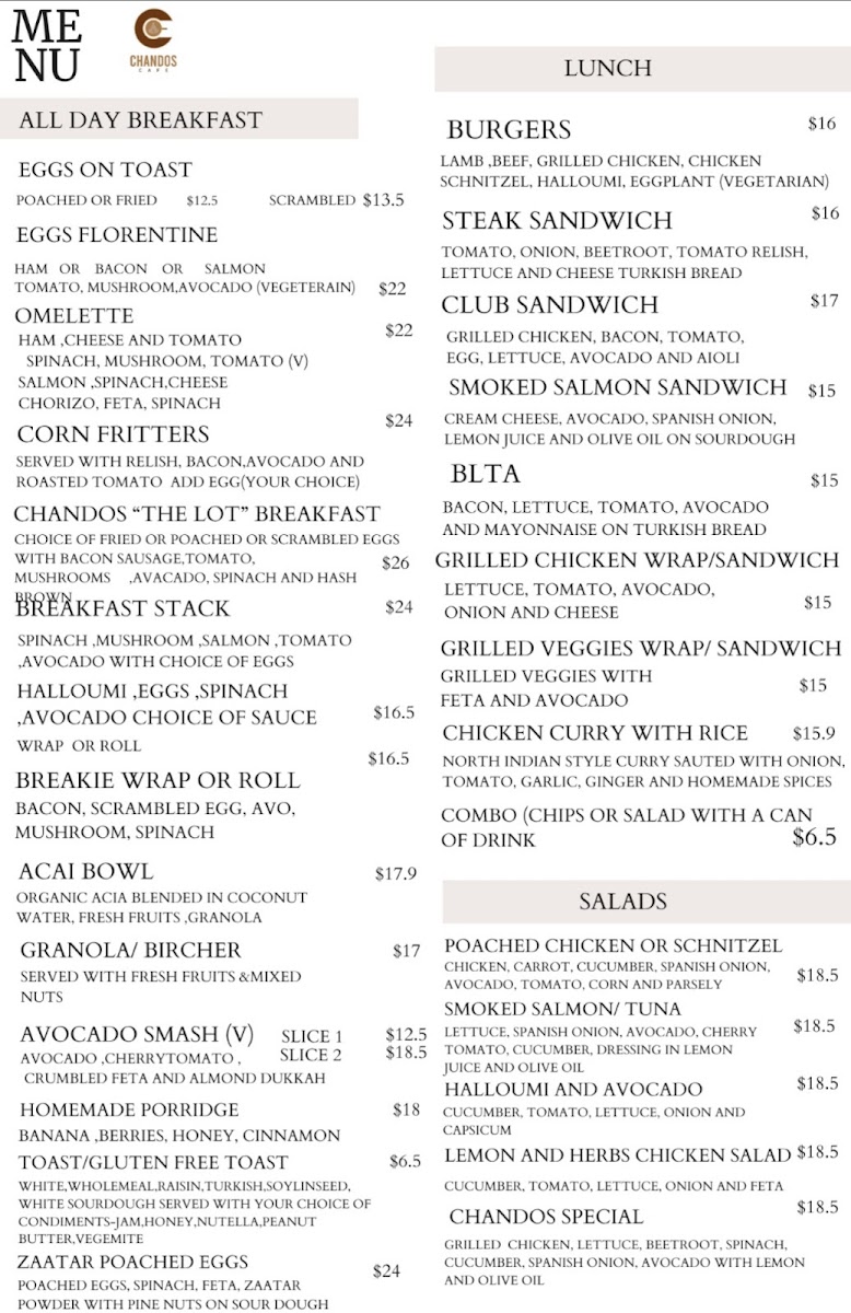 Chandos cafe Photo Menu 1