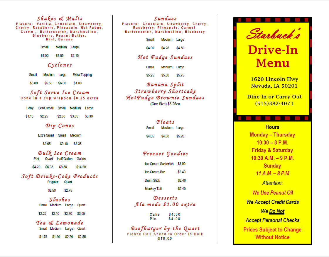 Starbuck's Drive-In Photo Menu 1