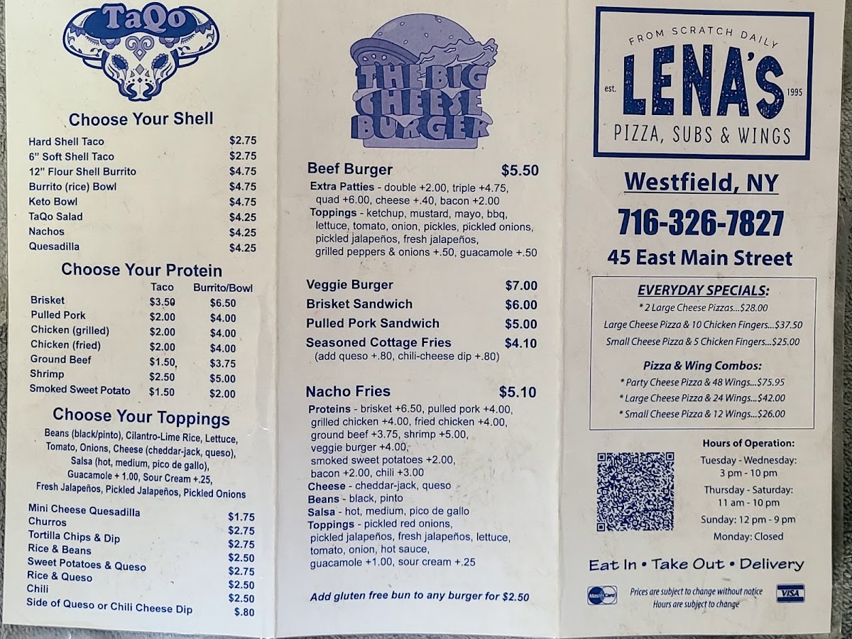 Lena's Pizza, Subs and Wings Westfield NY Photo Menu 1
