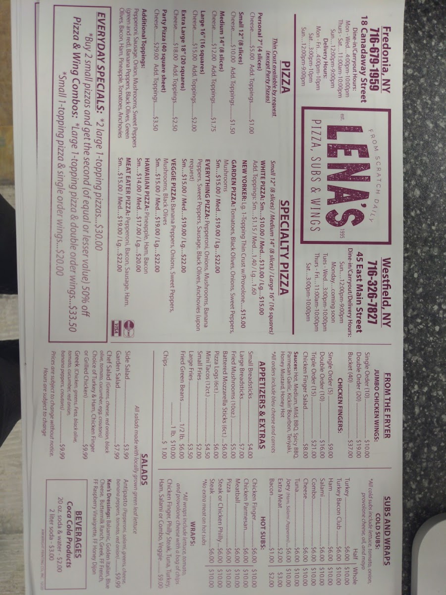 Lena's Pizza, Subs and Wings Westfield NY Photo Menu 2