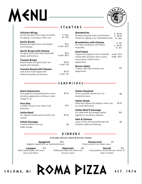 Roma Pizza - Coloma, MI Photo Menu 2