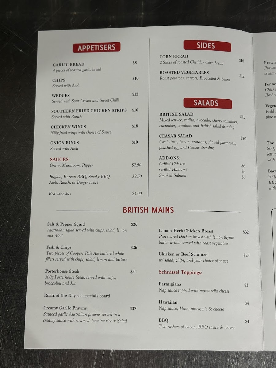The British Hotel Port Adelaide Photo Menu 2