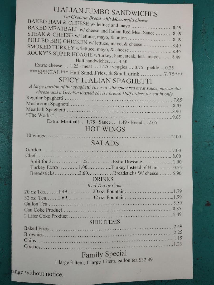 Rocky's Pizza Greeneville Photo Menu 1