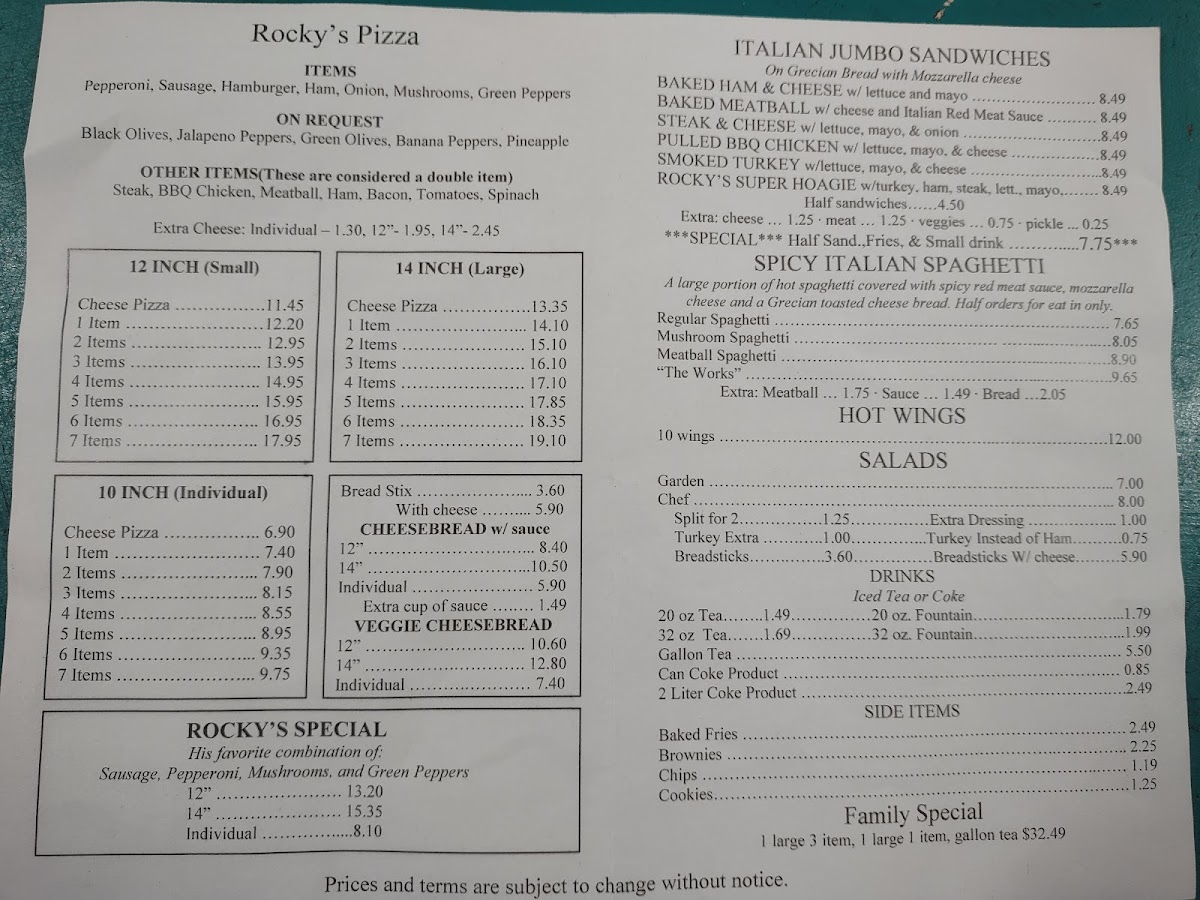 Rocky's Pizza Greeneville Photo Menu 2
