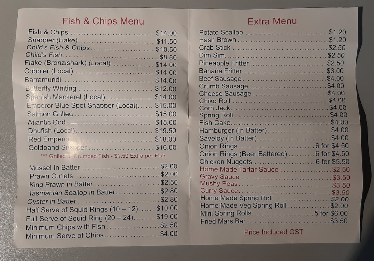 Beaumaris Fish & Chips Photo Menu 1