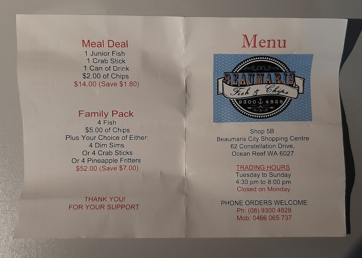 Beaumaris Fish & Chips Photo Menu 2
