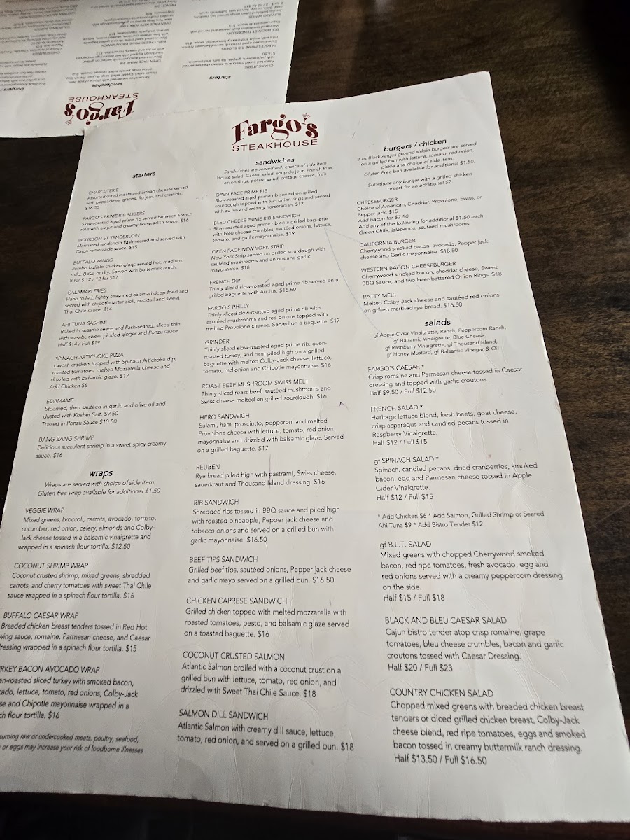 Fargo's Steakhouse Photo Menu 1