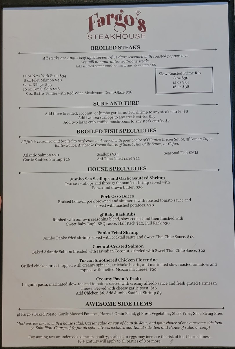Fargo's Steakhouse Photo Menu 8