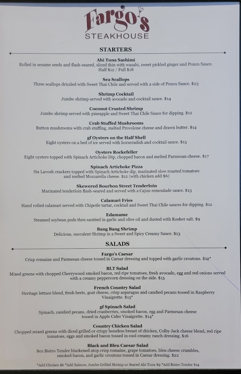 Fargo's Steakhouse Photo Menu 9