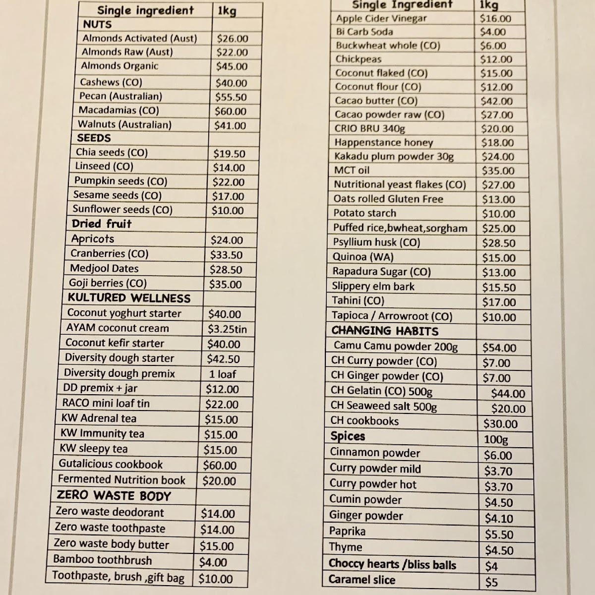 The Sacred Earth Pantry Photo Menu 1