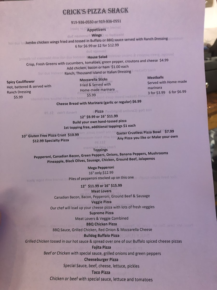 Crick’s Pizza Shack Photo Menu 2
