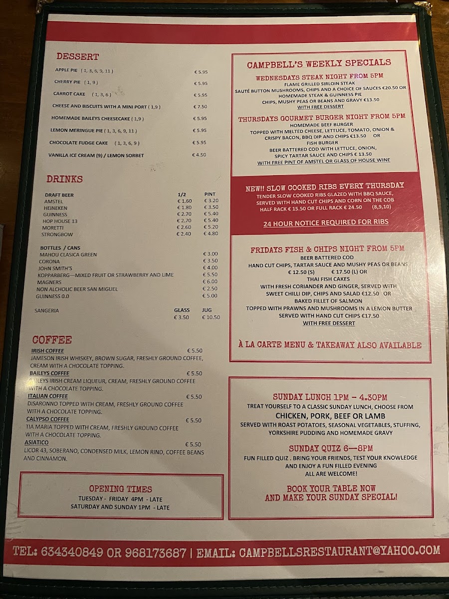 Campbell's Bar & Restaurant Photo Menu 1