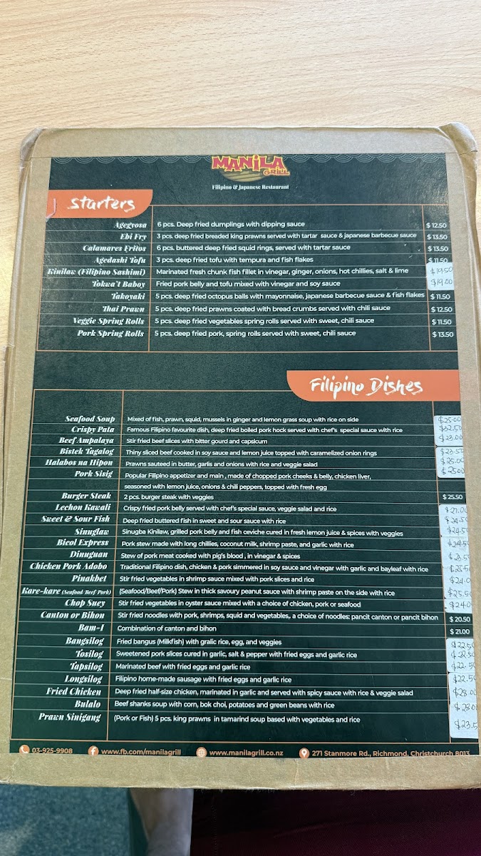 Manila Grill Filipino -Japanese Restaurant Christchurch Photo Menu 1