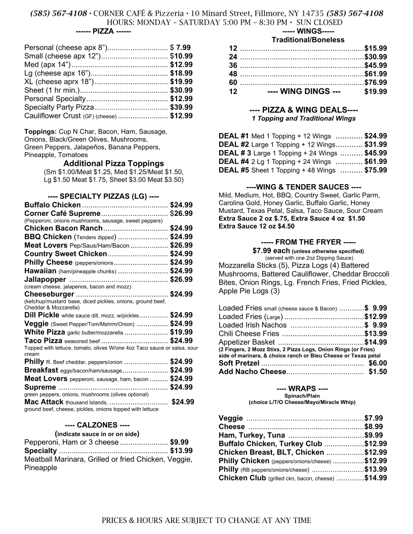 Corner Cafe & Pizzeria Photo Menu 1
