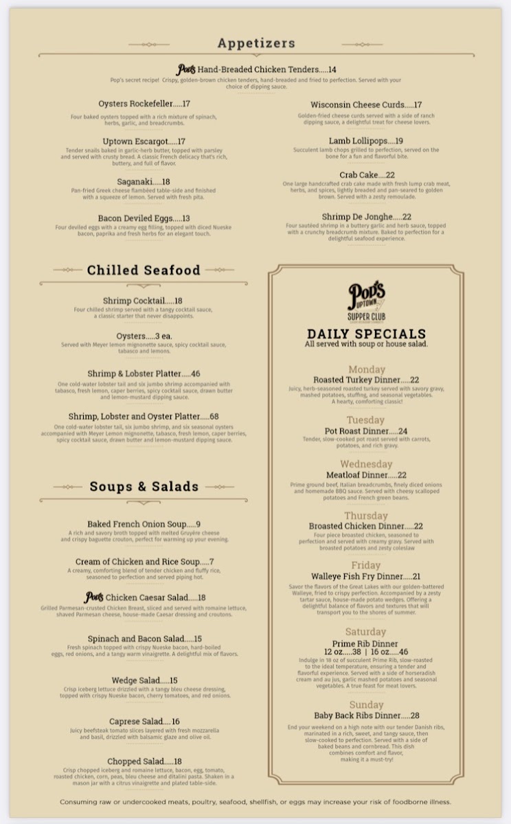Pop's Uptown Supper Club Photo Menu 1