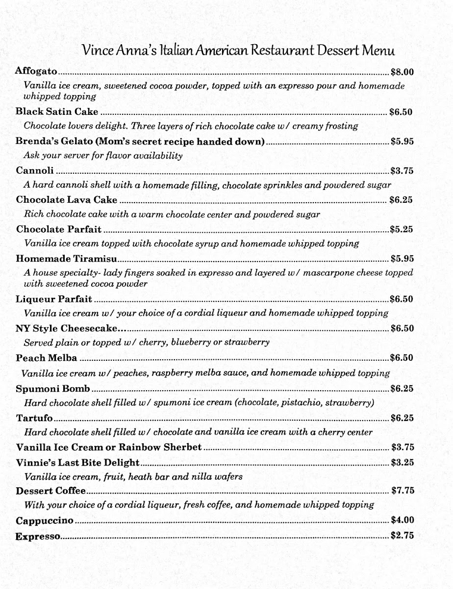 Vince Anna's Restaurant (Reservations Required) Photo Menu 1