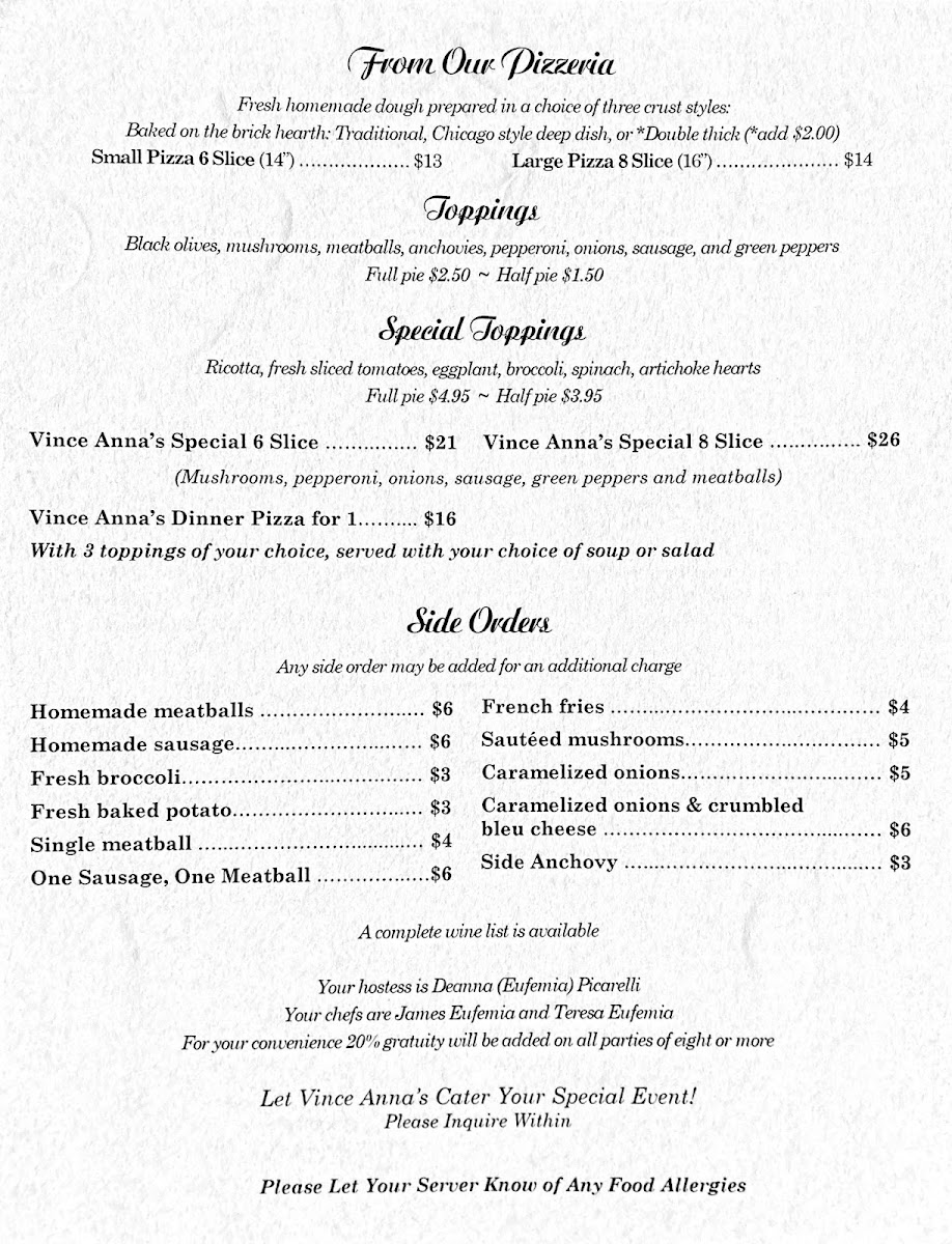 Vince Anna's Restaurant (Reservations Required) Photo Menu 2
