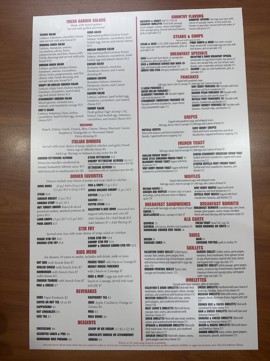 Valentino's Diner Photo Menu 1