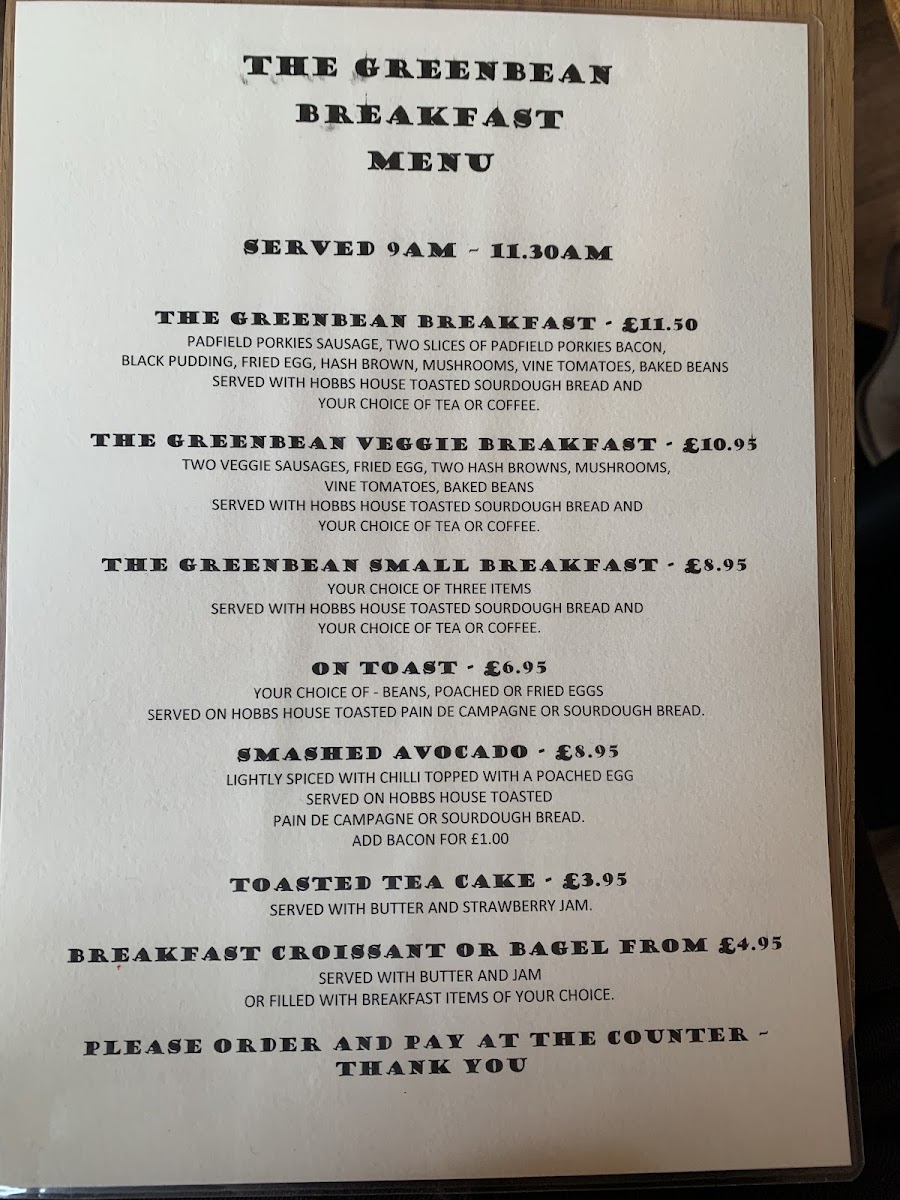 The Greenbean Cafe Photo Menu 1