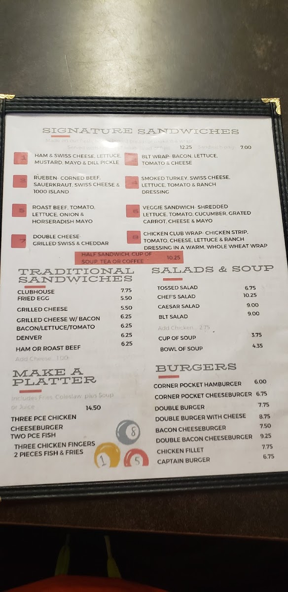 The Corner Pocket Restaurant Photo Menu 1